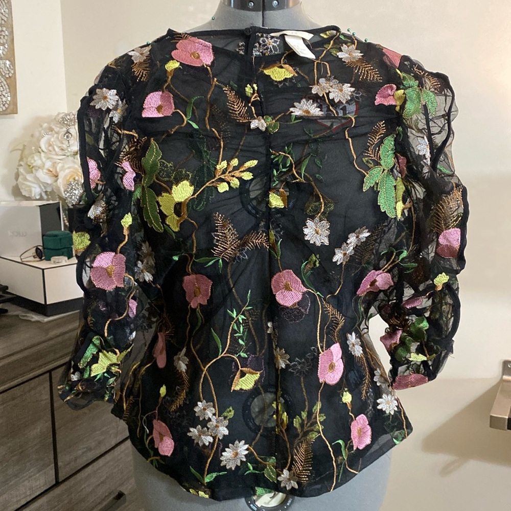 H&M SHEER FLORAL EMBROIDERED TOP